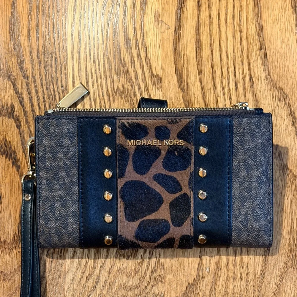 Michael Kors Black and Brown Monogram Giraffe-Print Wristlet